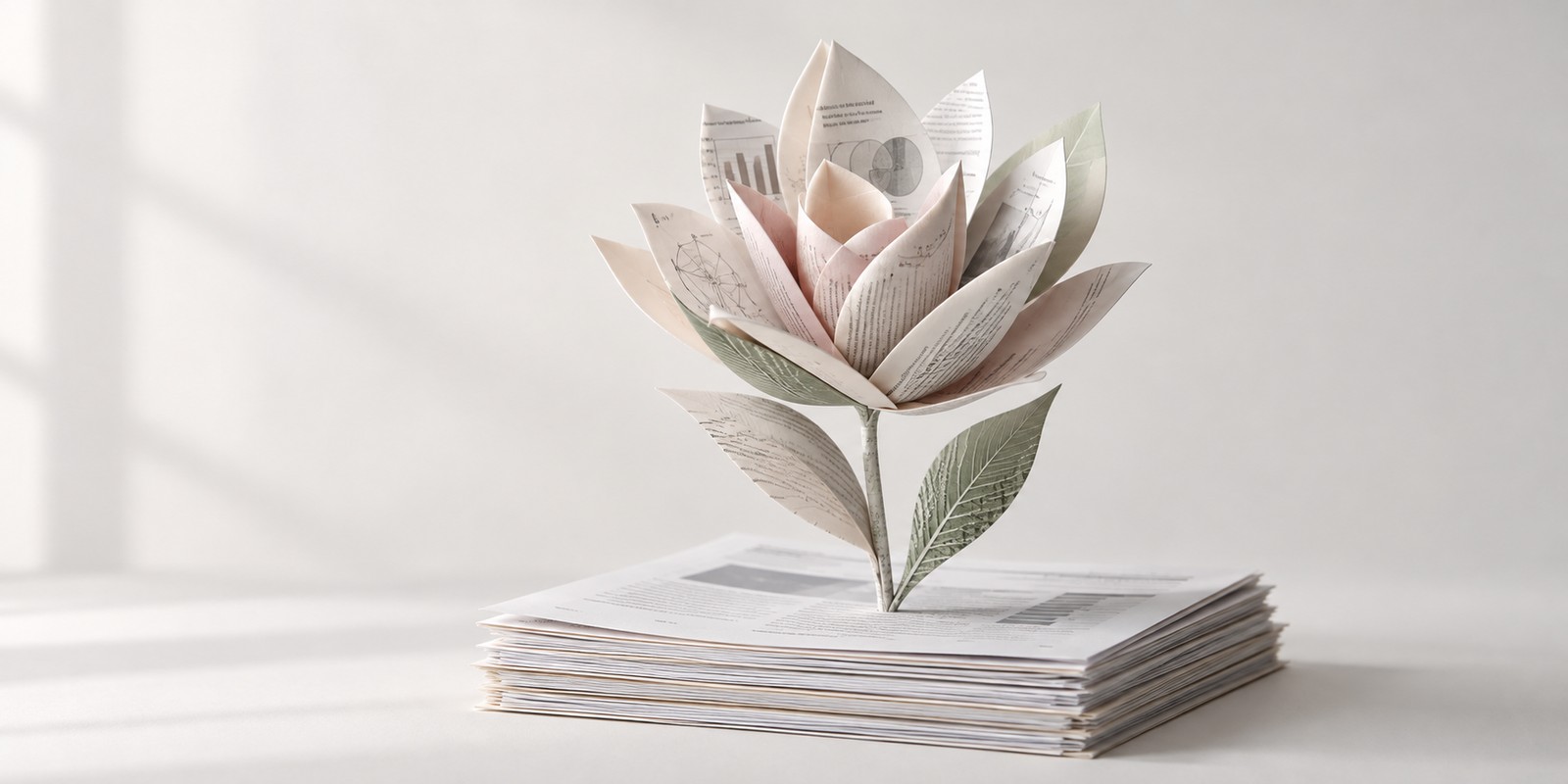 A paper flower rising from a stack of study documents