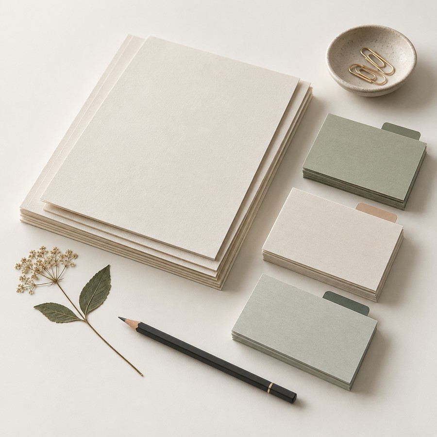 Study papers, tabbed cards and a pencil arranged into a small library