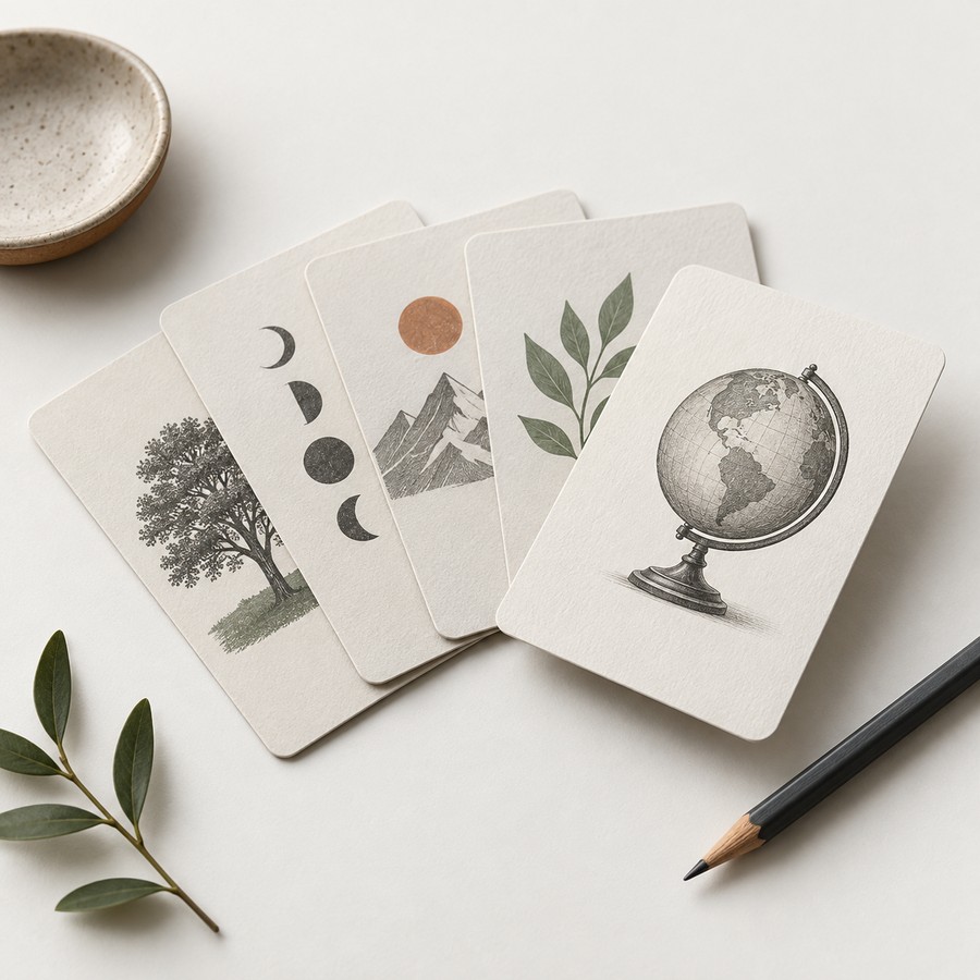 A fan of illustrated study cards with a pencil